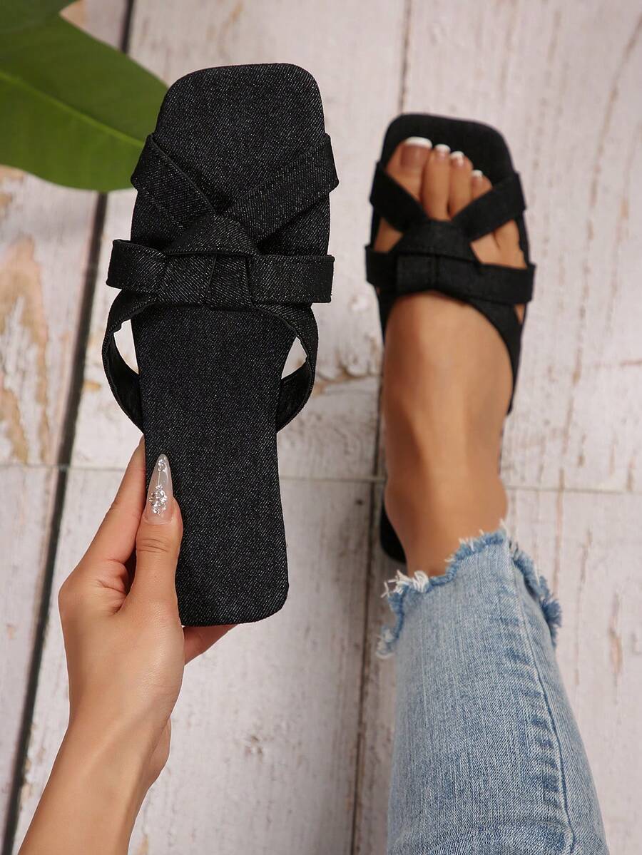 New Square Toe Fabric Slide Sandals For Women, Plus Size, Suitable For Casual Outings, Home, Travel - Black - View 1
