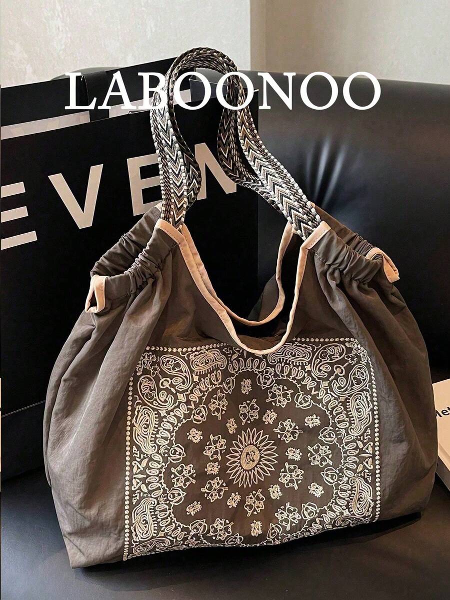 女士手提包，大容量防水帆布刺绣托特包，个性化图案便携式单肩托特包 - 灰色 - 查看 1