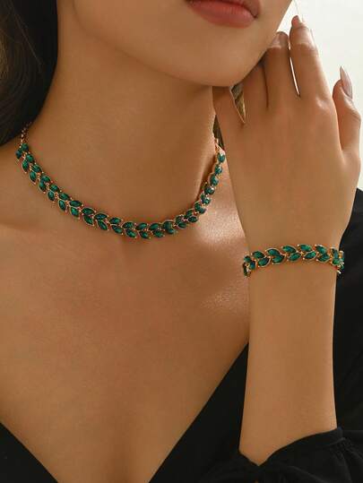 1 Set Elegant Women Jewelry Set, Summer Minimalist Faux Emerald Sparkling Rhinestone Wheat Ear Stud, Necklace + Bracelet, Luxurious Gift For Wedding Season