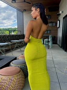 Vestidos Elegantes De Mujer Wedding Guest Dress Women Formal Dresses For Women Prom Dress  Prom Dresses For Women Dresses For Women Wedding Guest Sexy And Form-Fitting Deep V-Neck Metal Halter Long Dress - màu xanh lá - Xem 3