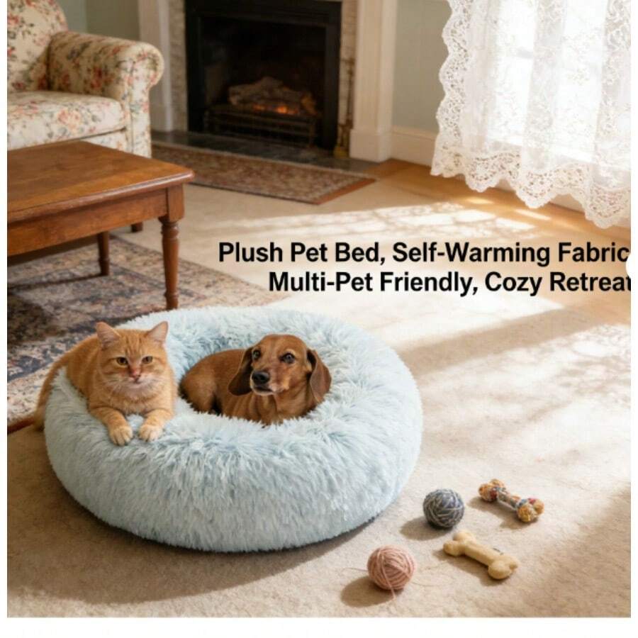 Small (23x23") Baby Blue Shag Faux Fur Original Calming Donut Pet Bed – Anxiety Relief For US Dogs & Cats - Baby Blue - View 1