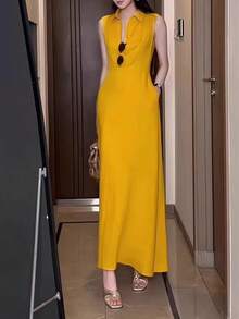 Vestido largo de mujer Vestido sin mangas amarillo de moda, elegante y exclusivo, nuevo en verano, estilo Hong Kong, hermoso vestido largo entallado para mujer - Amarillo - Ver 7