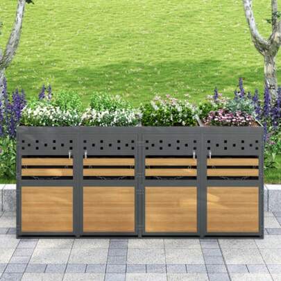 Kärl nr 4 med planttak, kapacitet 120–240 liter, skifferdörr i trä med utdragsmöjligheter, förvaringskärl, soptunna (produkt utan integrerad behållare)