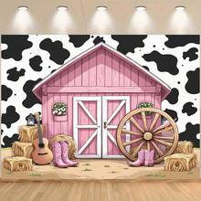 Este enfeite de parede com tema do Velho Oeste retrata uma cena de festa. Inclui uma peça de fibra decorativa com um desenho que apresenta um celeiro rosa, motivos de vacas, um carrinho de mão e um violão, perfeito para decorar uma casa, escritório ou estúdio. - Multicolorido - Ver 1