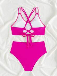 Bộ bikini hai mảnh dành cho nữ, đồ bơi màu trơn, kiểu cạp cao, thích hợp cho kỳ nghỉ hè. - Màu Hồng Tươi - Xem 4