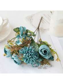 1pc Artificial Rose, Chrysanthemum & Mixed Flower Bouquet, Bridal Wedding Decor, DIY Wreath Materials, Birthday Party, Home Decor, Vase Filler, Outdoor Garden, Spring Decoration, New Year Gift - Blue - View 4