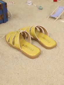1双儿童简约PU平底休闲拖鞋,适合夏季穿着 - 黃色 - 查看 7