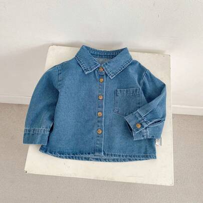 New Spring/Autumn Baby Clothes, Baby Girl Shirts, Unisex Toddler Solid Color Long Sleeve Denim Shirts, Classic & Fashionable, Soft & Comfortable