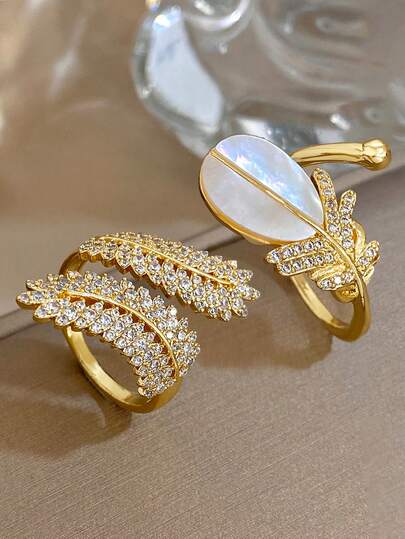 18K Gold Plated Non-Fading Elegant Feather Gemstone Adjustable Ring Set, Vintage Jewelry For Women, Suitable For Valentine's Day, Party, Evening, Daily, Date, New Year, Wedding, Beach, Anniversary, Elegant Mother's Gift, Bohemian Style Jewelry Bridesmaid Gift, Royal Accessory Set