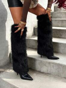 Women's Faux Fur Winter Fluffy Knee High Boots Warmers Sexy Soft Boot Cuffs Cover Pointed Toe High Heel Dressy Fold Over Tall Boots - 黑色 - 查看 1