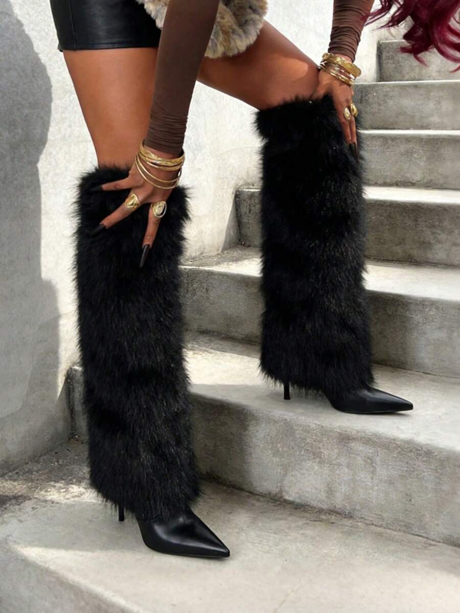 Women's Faux Fur Winter Fluffy Knee High Boots Warmers Sexy Soft Boot Cuffs Cover Pointed Toe High Heel Dressy Fold Over Tall Boots - 黑色 - 查看 1