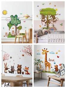 Fun Animal & Bird Wall Decals - DIY Cartoon Monkey, Giraffe, Lion Murals - Contemporary PVC Home Decor Stickers For Living Room - Multicolor - View 2