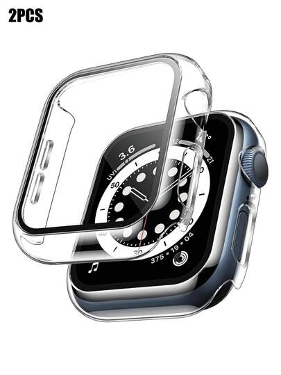 2pcs Men Women Clear Fashionable Casual PC Smart Watch Case 2 In 1 Ultra-Thin Tempered Glass Screen Protector & Case, For Apple Watch Band 40/41/42/44/45/46/49mm, For Series Ultra/SE/11/10/9/8/7/6/5/4, Intelligent Watch Accessories