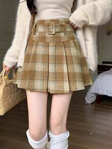 Women's Plaid Wool A-Line Mini Skirt, High Waist Pleated Skirt, Autumn/Winter - Khaki - View 3