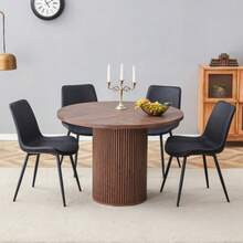 Minimalistic Rundtisch-Set Mit 1 Tisch Und 4 Stühlen.Runder Esstisch Aus MDF Mit 100 Cm Durchmesser In Nussbaumholzoptik.Kombiniert Mit 4 Stühlen Aus Schwarzem Kunstleder (PU) . - Black + Walnut + MDF + Metal + PU Leather + Seats 4 - 查看 4