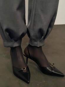 女士尖头搭扣设计时尚高跟鞋，适合日常穿着 - 黑色 - 查看 2