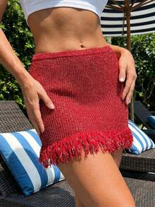 Women Y2k Fringe Knit Mini Skirts Boho Bodycon Low Waist Going Out Crochet Tassel Short Skirt - Đỏ - Xem 5