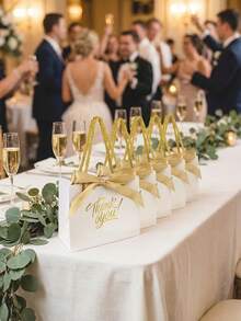 10个/20个白色“谢谢”礼品袋，金色文字“谢谢”礼品袋，带提手，含蝴蝶结提手和白色袋子，尺寸约为5.5 x 2.36 x 4.7英寸（约14 x 6 x 12厘米），迷你礼品纸袋，适用于洗礼、生日、婚礼、派对、情人节礼盒、感谢礼品等场合。 - 彩色 - 查看 3