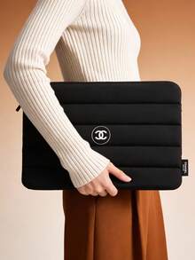 CHANEL Laptop Bag, Black Quilted Design, Horizontal Stripes, Padded Protection, Portable, Commuter Bag - Black - View 3