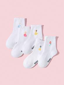 5/1 Pair Disney Girls/Kids White Lace Socks, Adorable Cartoon Princess Pattern Decor, Casual Breathable Sports Socks, Sweet Versatile Soft Ankle Socks, Suitable For Classroom, New School Term, Student, Home Leisure, Birthday Party, Spring/Summer - White - View 3