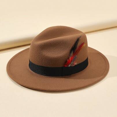1 pieza Sombrero Fedora de color camello, diseño de ala ancha con banda trenzada negra y decoración de plumas de colores, estilo elegante vintage, adecuado para uso casual, ir al trabajo, citas, con un toque refinado, atuendo ligero de otoño/invierno para una apariencia madura