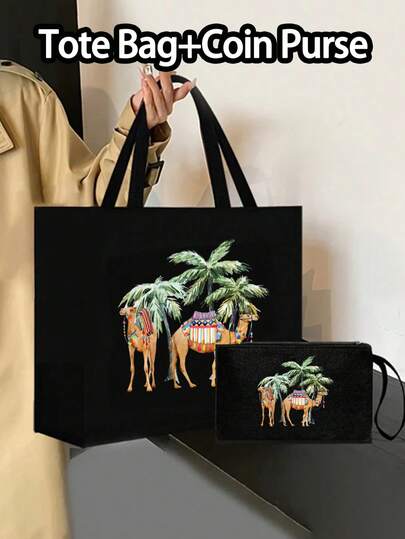 Linen Tote Bag, Including Two Camels And Coconut Tree Pattern Printing Tote Bag And A Printed Small Bag, Letters, Flowers, Personalized Gift Package, Eid Combination Of Small And Large Bags, Family Reunion Devout,Suitable For Weddings, Birthdays
