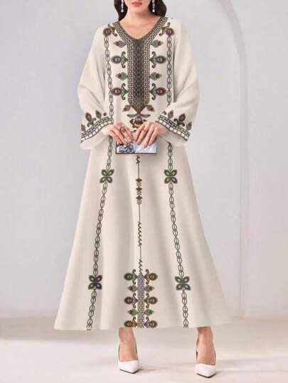 فستان طويل الأكمام بياقة على شكل حرف V مطبوع بطراز عتيق مريح وواسع، مناسب للمناسبات والعطلات