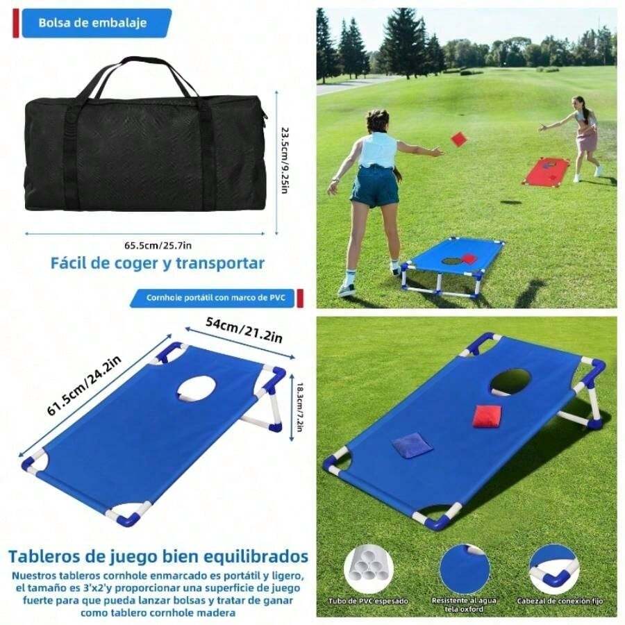 Juego de Cornhole porttil, Juego de Lanzamiento de Patio con Sacos de, con 2 Tablero de Juego Cornhole y 6 pufs, para Jugar en Interiores y Exteriore - Rojo y azul - Ver 1