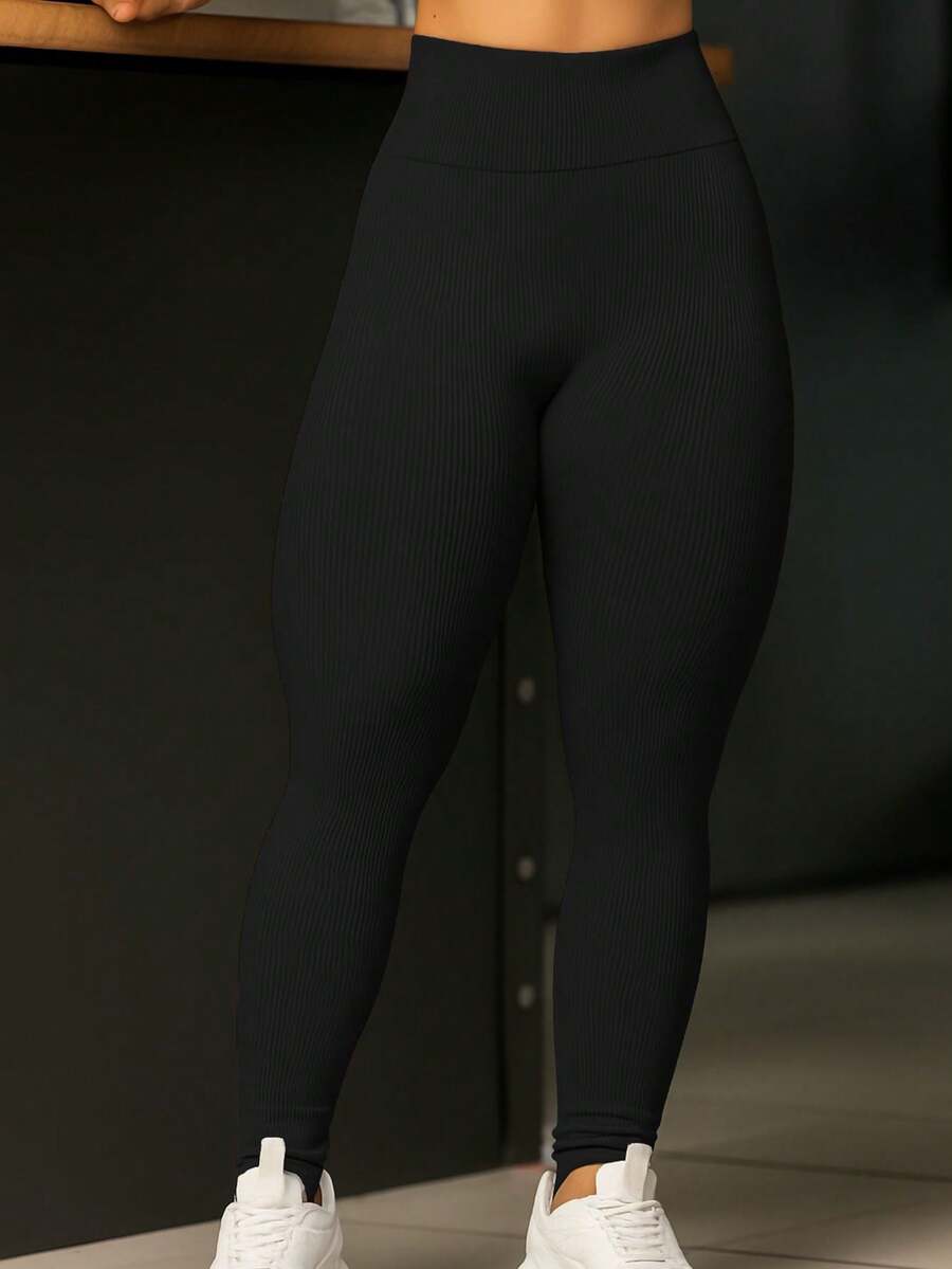jelik fashions Premium Ribbed Polyamide Leggings - No See-Throughness - Gym/Fitness - 黑色的 - 查看 1