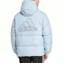 Adidas Daily PUFFY DOWN JKT Logo Pattern Hooded Down Jacket, Warm, Comfortable, Casual, Lightweight, Unisex, Blue.