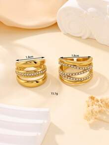 2pcs Stainless Steel Fashionable Luxurious Gold-Tone Open Ring Set, Inlaid With White Rhinestones, Suitable For Women's Daily Wear Or Gift - Yellow Gold - View 4
