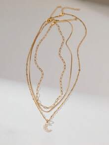 3件套中东斋月不锈钢圆形蛇骨链，配方形回形针分层设计月亮和星星立方氧化锆吊坠，适合女性日常佩戴（链扣和珠子数量随机） - 金黃色 - 查看 5