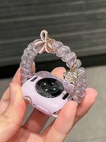 1条亮紫色弹力发圈，配有粉色蝴蝶结和兔子吊坠，兼容表带38/40/41/42/44/45/49mm和S10/11/42/46mm，透气时尚，清新夏日气息，适用于 SE/11/10/9/8/7/6/5/4/3/2/1/Ultra系列，女士智能手表表带配件，情人节礼物，时尚配饰，夏日海滩风情 - 紫色 - 查看 9