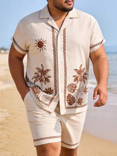 加大码男士休闲宽松西装，短袖衬衫和短裤两件套，时尚休闲沙滩装