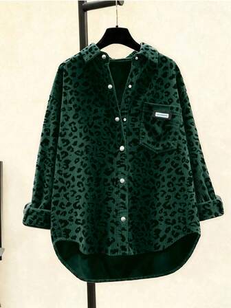 女士休闲时尚街头风豹纹灯芯绒纽扣前袋衬衫，秋冬款