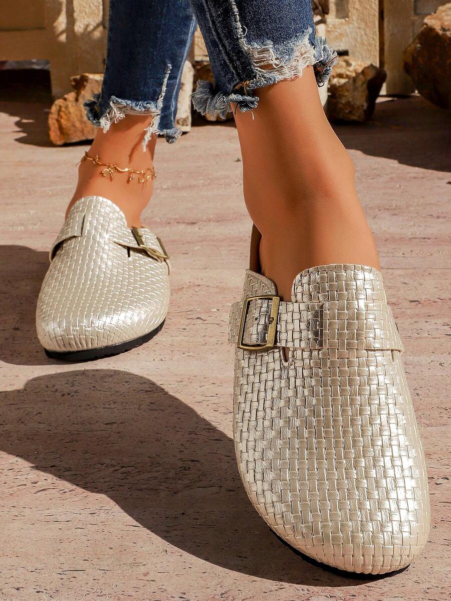 Women's Spring/Summer Flat Closed-Toe Slides - Popular Slip-On Slouchy Shoes With Belt Buckle, Fishing Net Woven Slippers Versatile Design. - Silver - View 1