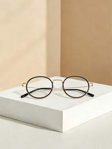 金属框椭圆形装饰无度数眼镜，新款韩版街头时尚男女通用复古金属眼镜框 - 金色 - 查看 6