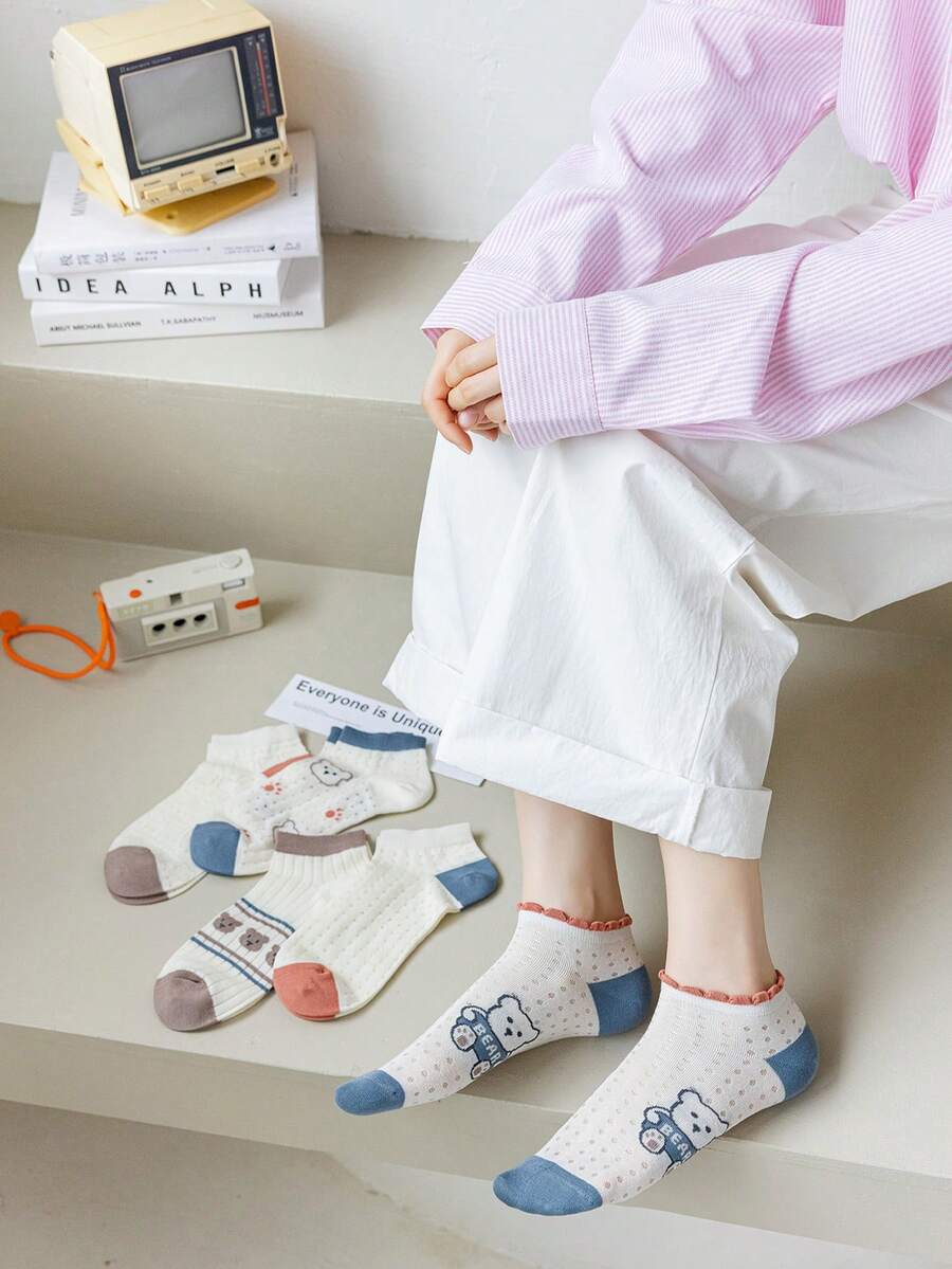 1/5双可爱小熊图案女士短袜，透气竹棉大网眼设计，可爱学院风，适合春秋季日常穿着 - 彩色 - 查看 1