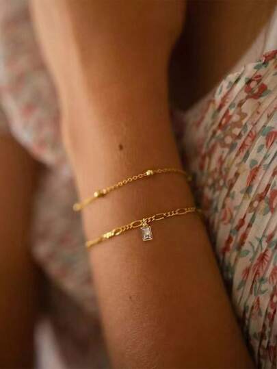 2pcs/Set Fashion Minimalist Multilayer Gold Cross Chain Geometric Cubic Zirconia Copper Pendant Bracelets, Women Accessories Jewelry (Random Bead Quantity), Suitable For Women's Casual And Holiday Wear