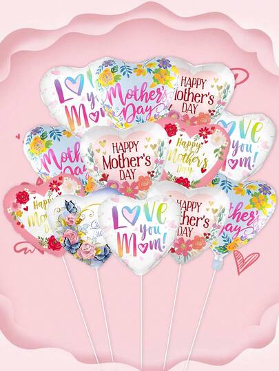 10/20个17英寸母亲节主题心形铝箔气球，印有“爱妈妈”、“母亲节快乐”字样，适合母亲节派对、家居活动装饰。