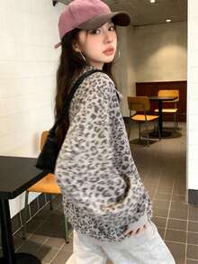 Y2K Leopard Corduroy Half-Zip Oversized Pullover (Cozy Lazy Vibe Top) - 灰色*春秋百搭 - 查看 3