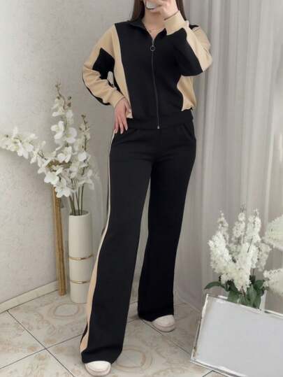 Women's Autumn/Winter 2 Pieces Set - Striped Patchwork Top Jacket Paired With Striped Patchwork Pocket Long Pants