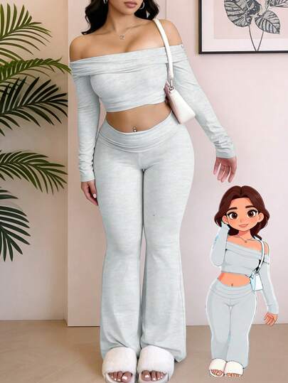 Conjunto de 2 piezas para mujer con top corto de manga larga con hombros descubiertos y pantalones, unicolor