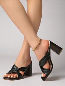 2025 Spring/Summer New Brown Suede Round Toe Chunky Heel Open Toe High Heel Sandals For Women - Black - View 5