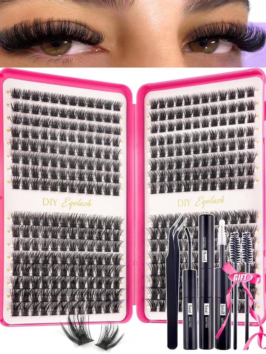 384PCS Individual Lash Clusters D Curl 10-16mm Mixed DIY Lash Clusters Natural Look&Wispy&Dense&Long-Lasting DIY Eyelash Extension Kit With Bond And Seal&Tweezers For Beginner Use At Home Or On-The-Go For Daily Life&Party&Music Festival Lash Clusters Kit,Lashes,Eyelashes,Fake Lashes - 彩色 - 查看 1