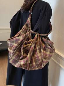 1 pieza Bolso casual de mujer a cuadros marrones, bolso hobo versátil y retro, cierre de cremallera ligero con doble asa, adecuado para uso diario, bolso de estudiante de escuela/universidad, bolso de hombro minimalista para viajes con gran capacidad - Marrón - Ver 8