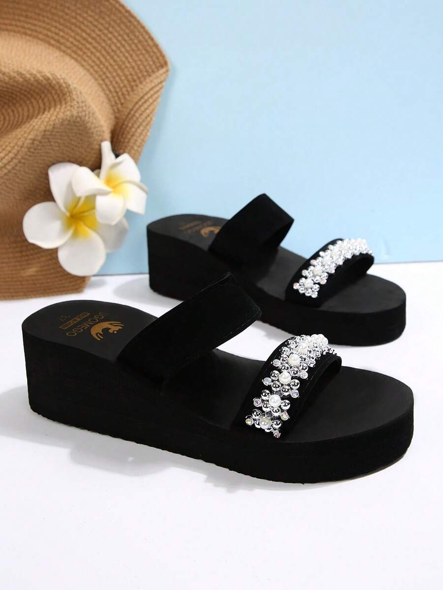 New Summer Women Beach Slippers, Simple Flip Flops, Casual Fashion Classic Thick Sole Mid-High Heel Sandals - Black - View 1