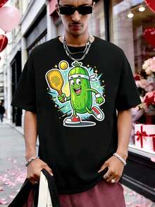 T-shirt humoristique avec un dessin de cornichon et un motif de tennis, confectionné dans un matériau de haute qualité, coupe ample, respirant, décontracté, avec un imprimé accrocheur. - Noir - Voir 1