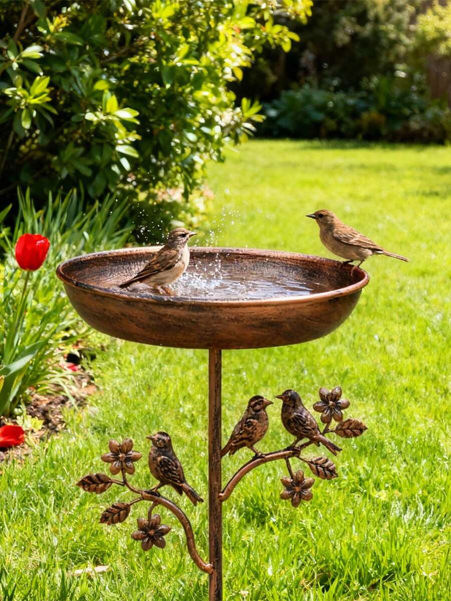 1pc Vintage Iron Bird Bath, Sturdy Outdoor Feeder, Freestanding Retro Bird Bath Suitable For Garden, Patio And Yard, Attracts Birds, Outdoor Bird Bath, Yard Decor, Gift For Birthday, Party, Valentine's Day - 彩色 - 查看 1