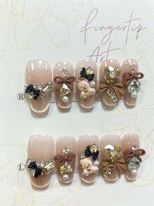 10pcs Autumn/Winter Brown Bear Handmade Rhinestone Bow False Nails, Removable & Reusable Nail Art Supplies (1 Sheet Jelly Sticker + 1 Nail File) - Gold - View 4